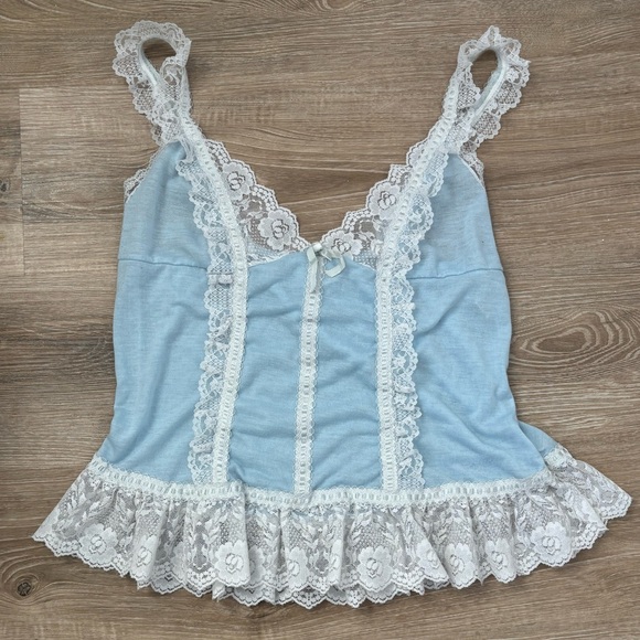 VINTAGE 1970s Bernette Baby Blue Lace Ruffle Babydoll Nightie Top - Picture 2 of 8
